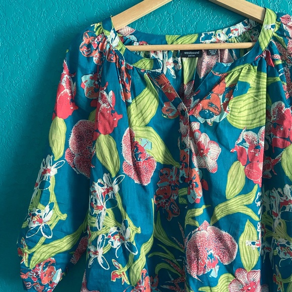 Floral Jungle Teal Vintage Style Long Sleeve Shirt - Picture 2 of 4